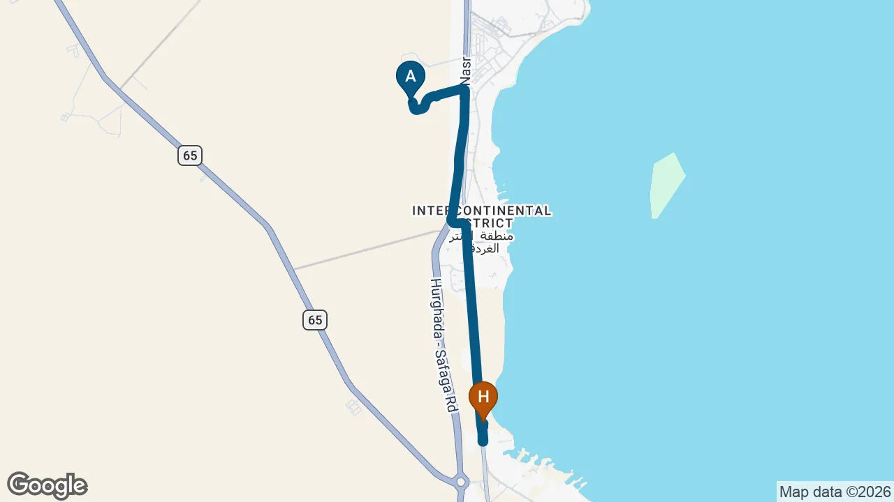 Driving route from Hurghada Airport to Titanic Royal
